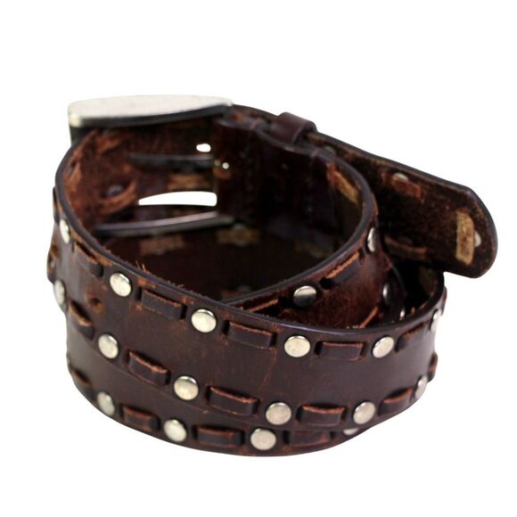 BROWN GENUINE LEATHER 1 1/4"Wd STUDS STITCH CASUAL DRESS WOMEN'S BELT Sz S (99T - Picture 4 of 13